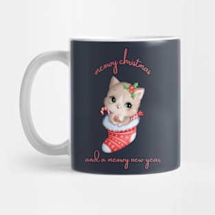 Blue Illustrated Cute Christmas Cat Mug